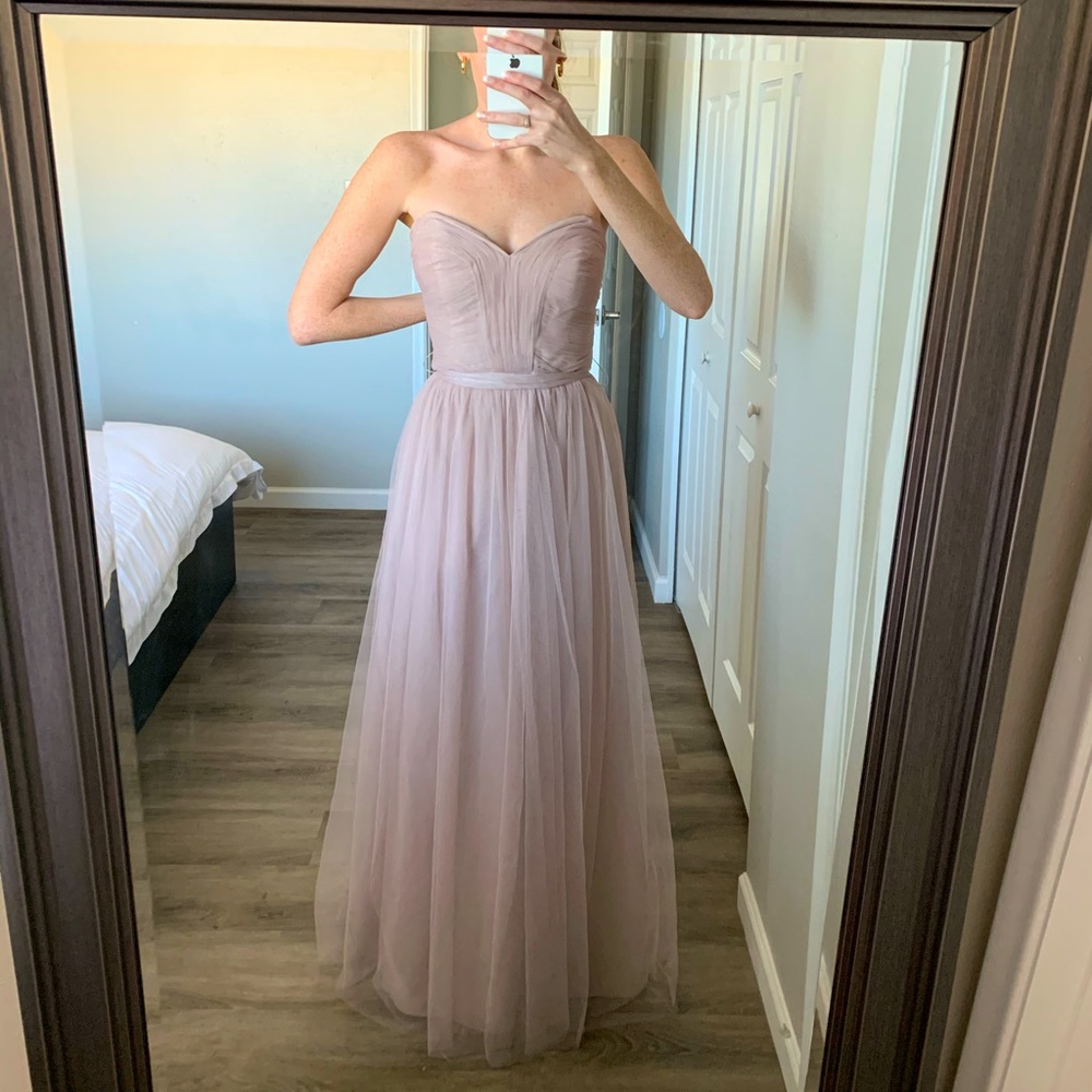 Long tulle purplish beige bridesmaid dress